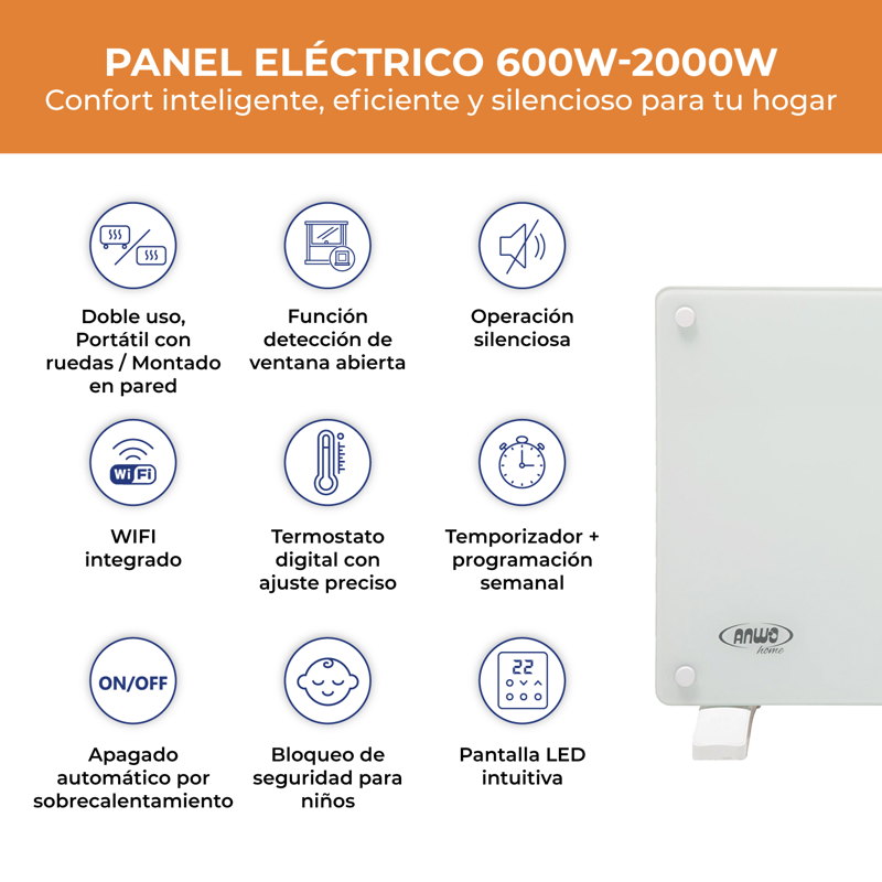 Panel Eléctrico Vidrio Anwo Ndfl.2000v 2000w C/wifi - image-2