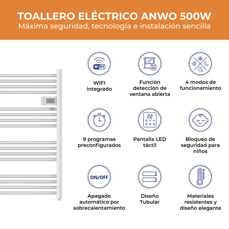 Toallero Eléctrico Tubular Anwo Fl.500 500w C/wifi - image-2