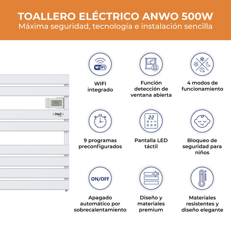 Toallero Eléctrico Plano Anwo Flb.500 500w C/wifi - image-2