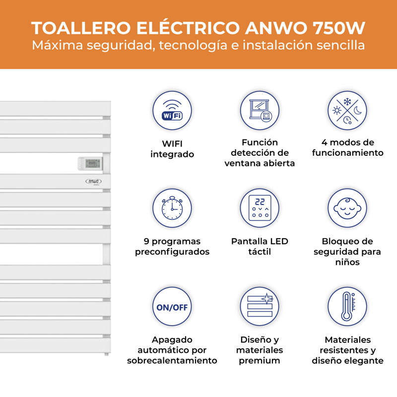 Toallero Eléctrico Plano Anwo Flb.750 750w C/wifi - image-2