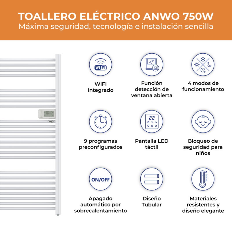 Toallero Eléctrico Tubular Anwo Fl.750 750w C/wifi - image-2