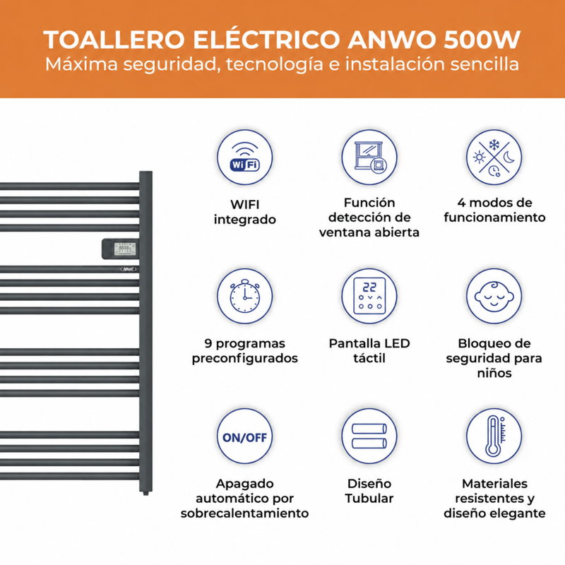 Toallero Eléctrico Tubular Anwo Fl.500g 500w Gris Mate C/wifi - image-2