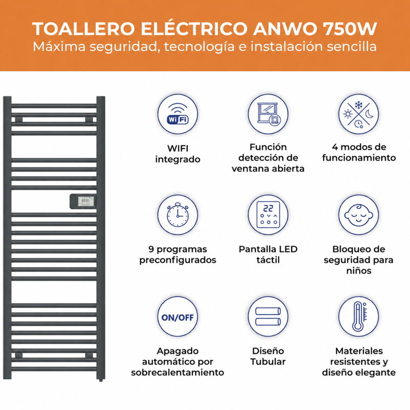 Toallero Eléctrico Tubular Anwo Fl.750g 750w Gris Mate C/wifi - image-2